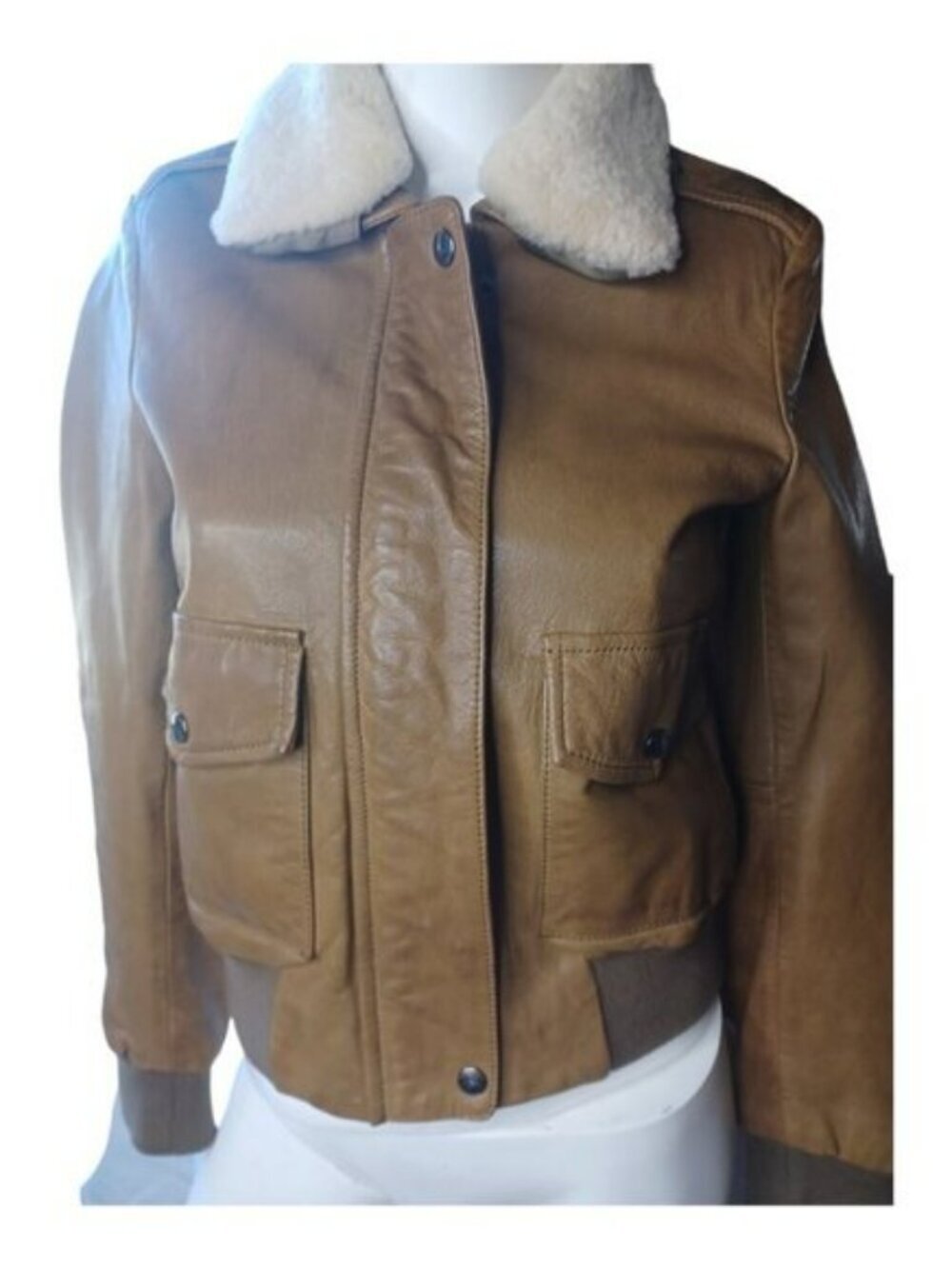 Banana Republic Tan Leather Bomber Jacket with Shearling Collar